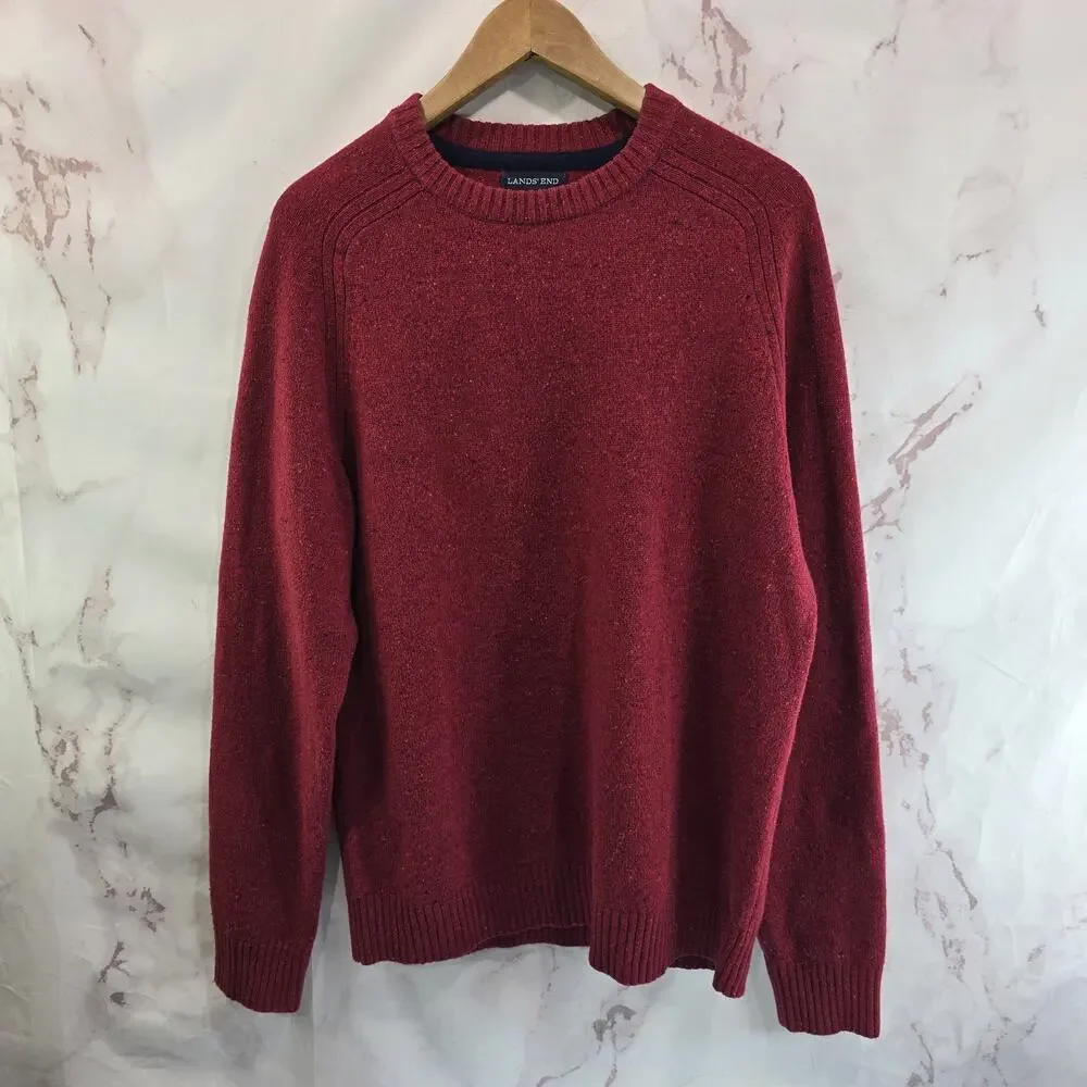 Lands End Sweater Mens Medium Red Lambswool Wool Vintage Crew Neck 90s